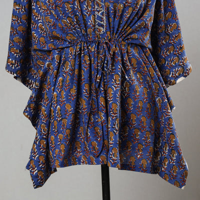 Blue - Bagru Block Printed Cotton Kaftan with Tie-Up Waist (Short)