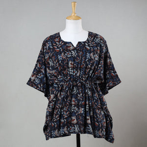 Black - Bagru Block Printed Cotton Kaftan with Tie-Up Waist (Short)