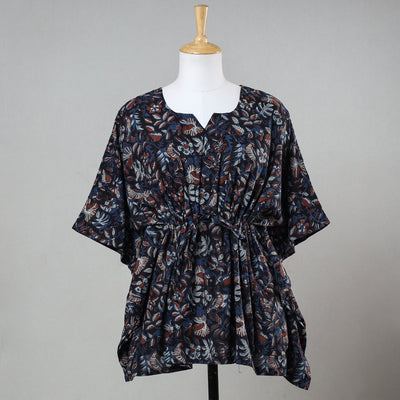 Black - Bagru Block Printed Cotton Kaftan with Tie-Up Waist (Short)