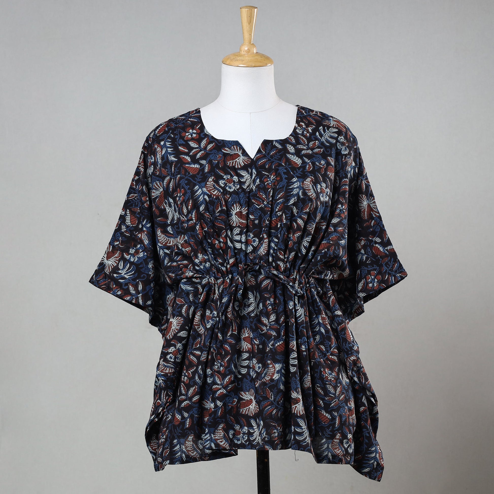 Black - Bagru Block Printed Cotton Kaftan with Tie-Up Waist (Short)