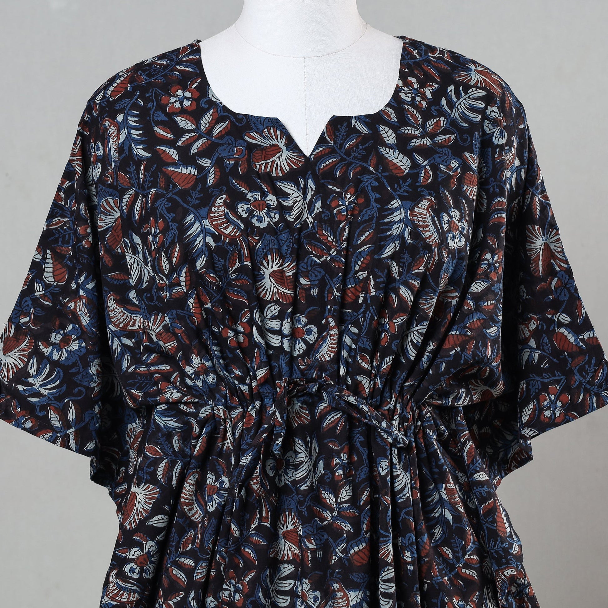 Black - Bagru Block Printed Cotton Kaftan with Tie-Up Waist (Short)