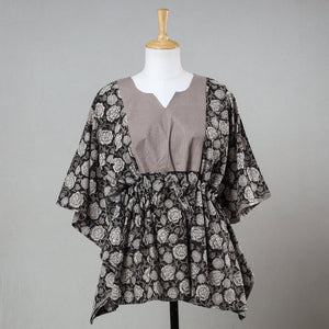 Black - Bagru Block Printed Cotton Kaftan with Tie-Up Waist (Short)