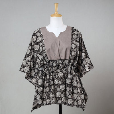Black - Bagru Block Printed Cotton Kaftan with Tie-Up Waist (Short)