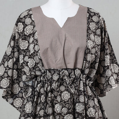 Black - Bagru Block Printed Cotton Kaftan with Tie-Up Waist (Short)