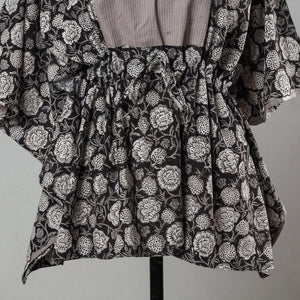 Black - Bagru Block Printed Cotton Kaftan with Tie-Up Waist (Short)