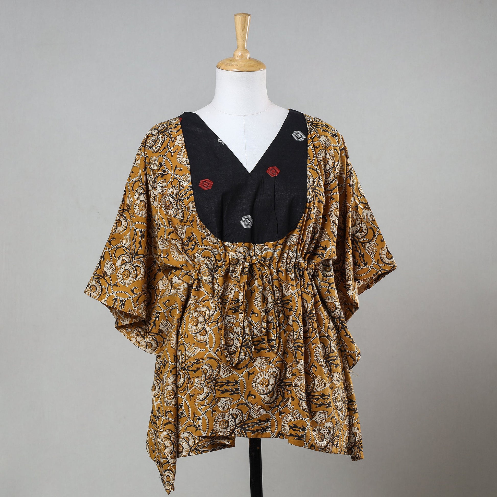 Brown - Bagru Block Printed Cotton Kaftan with Tie-Up Waist (Short)