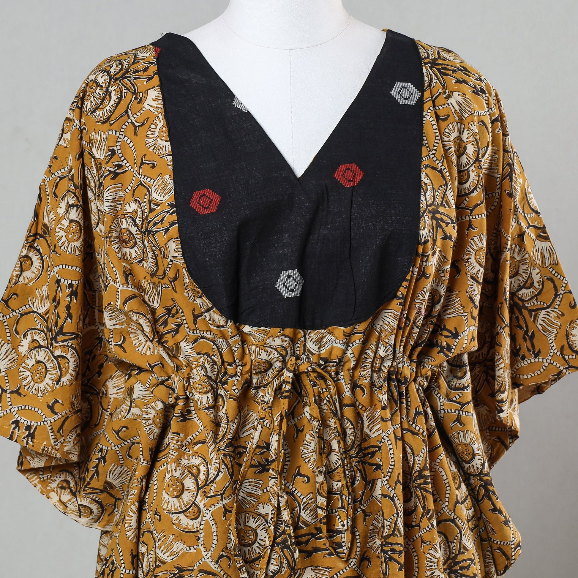 Brown - Bagru Block Printed Cotton Kaftan with Tie-Up Waist (Short)