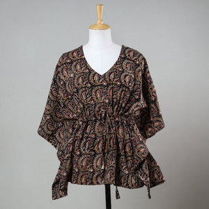 Black - Bagru Block Printed Cotton Kaftan with Tie-Up Waist (Short)