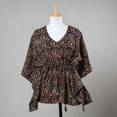 Black - Bagru Block Printed Cotton Kaftan with Tie-Up Waist (Short)