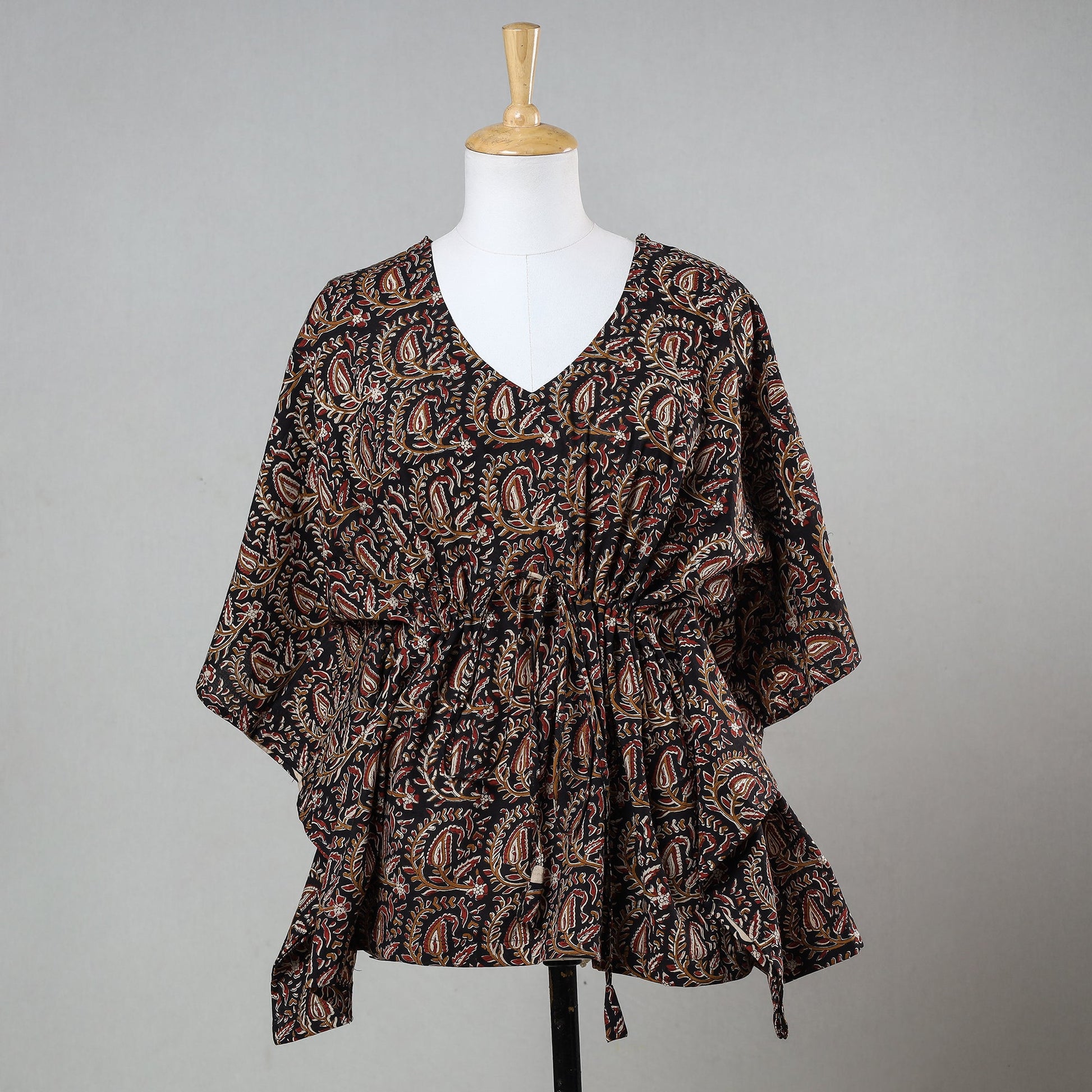 Black - Bagru Block Printed Cotton Kaftan with Tie-Up Waist (Short)