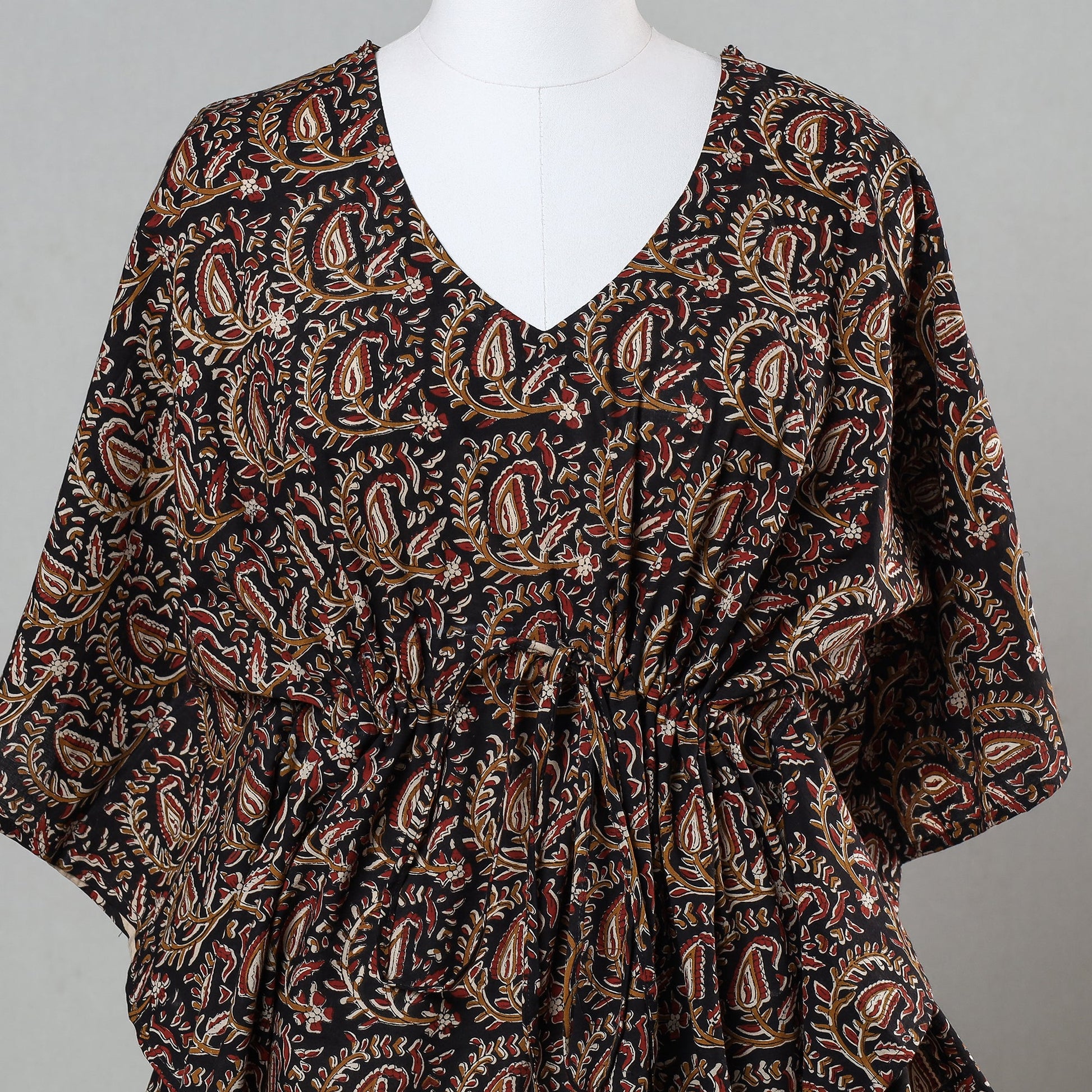 Black - Bagru Block Printed Cotton Kaftan with Tie-Up Waist (Short)