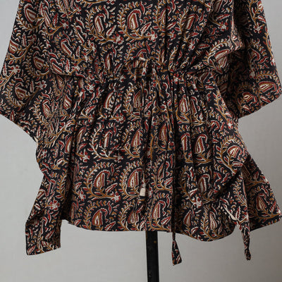 Black - Bagru Block Printed Cotton Kaftan with Tie-Up Waist (Short)