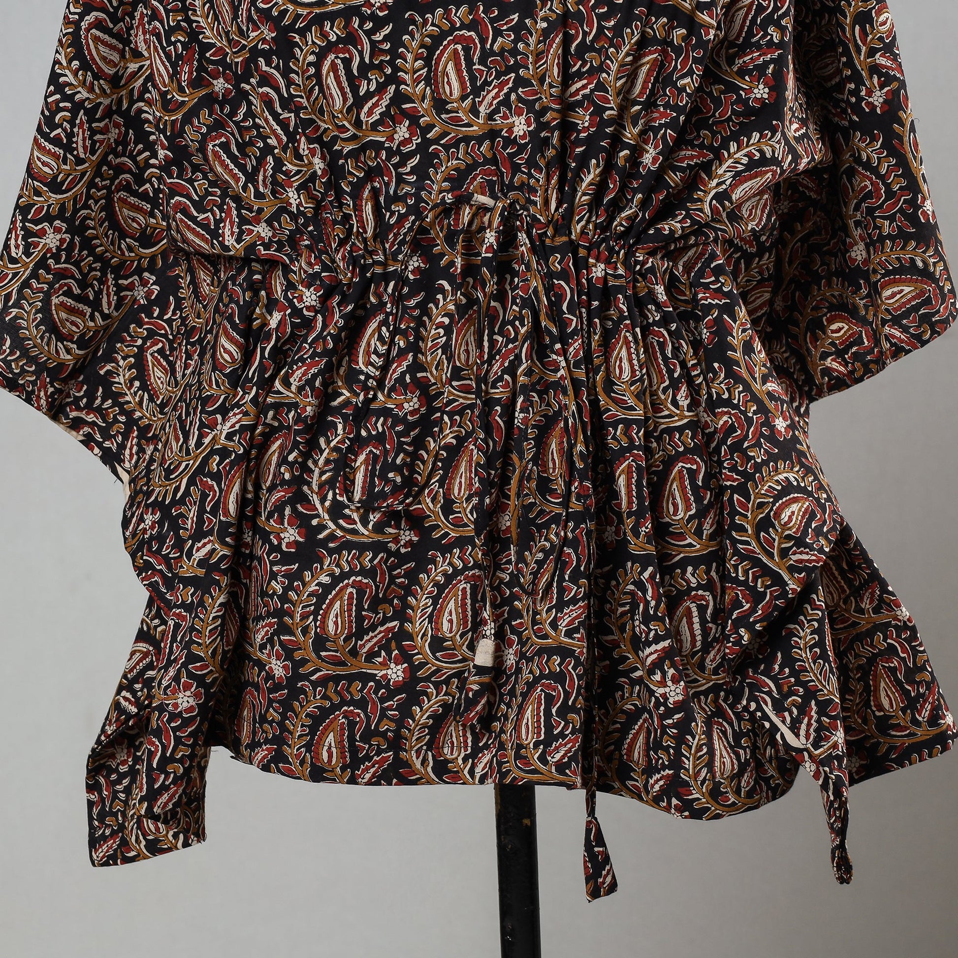 Black - Bagru Block Printed Cotton Kaftan with Tie-Up Waist (Short)