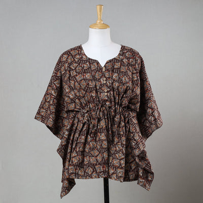 Brown - Bagru Block Printed Cotton Kaftan with Tie-Up Waist (Short)