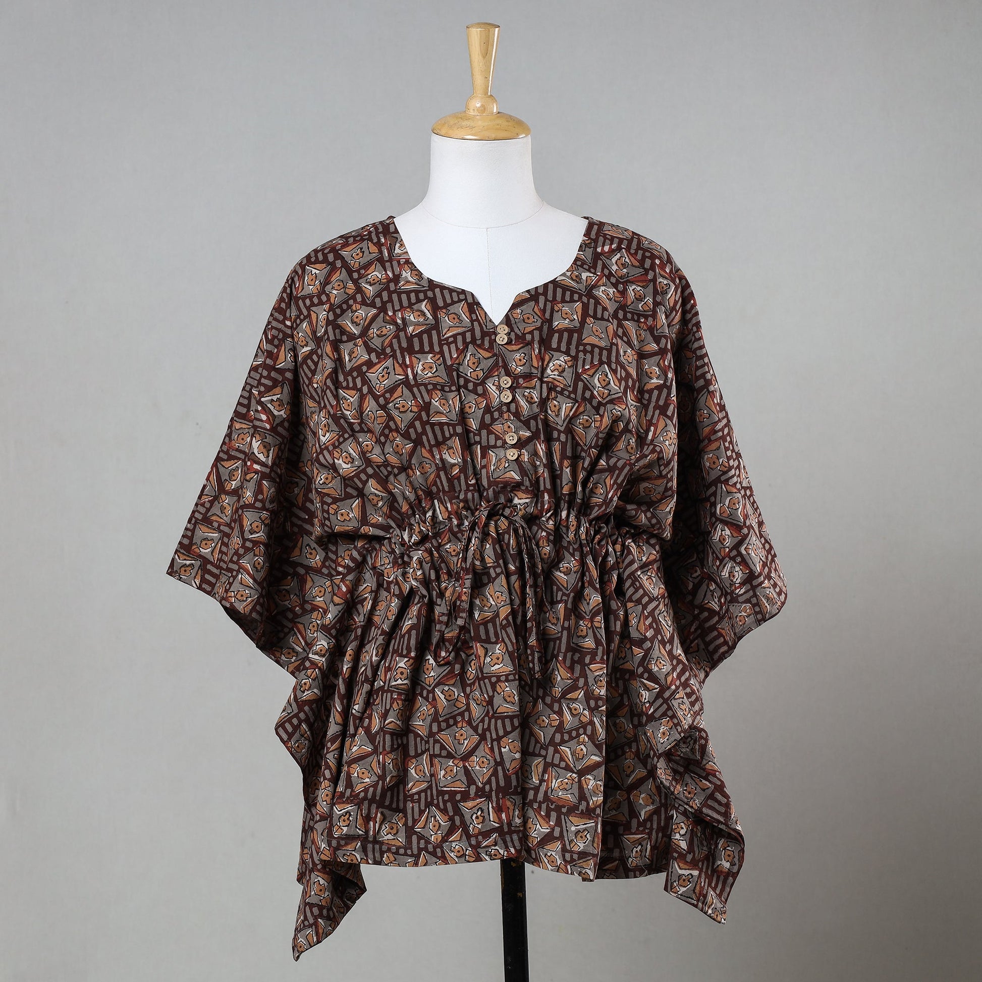 Brown - Bagru Block Printed Cotton Kaftan with Tie-Up Waist (Short)