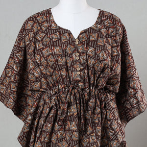 Brown - Bagru Block Printed Cotton Kaftan with Tie-Up Waist (Short)