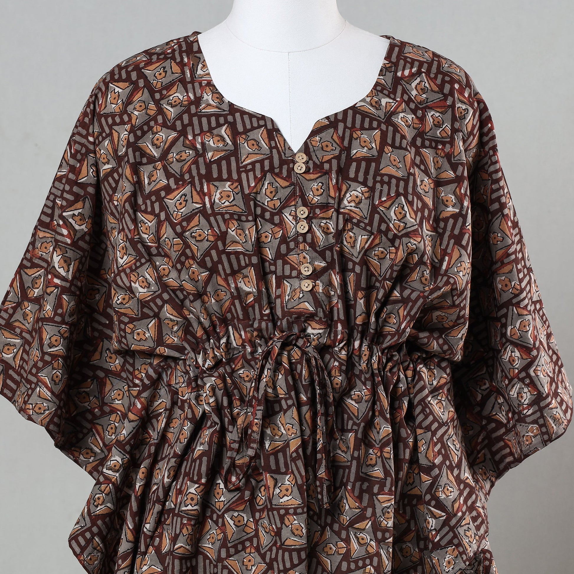 Brown - Bagru Block Printed Cotton Kaftan with Tie-Up Waist (Short)
