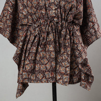 Brown - Bagru Block Printed Cotton Kaftan with Tie-Up Waist (Short)