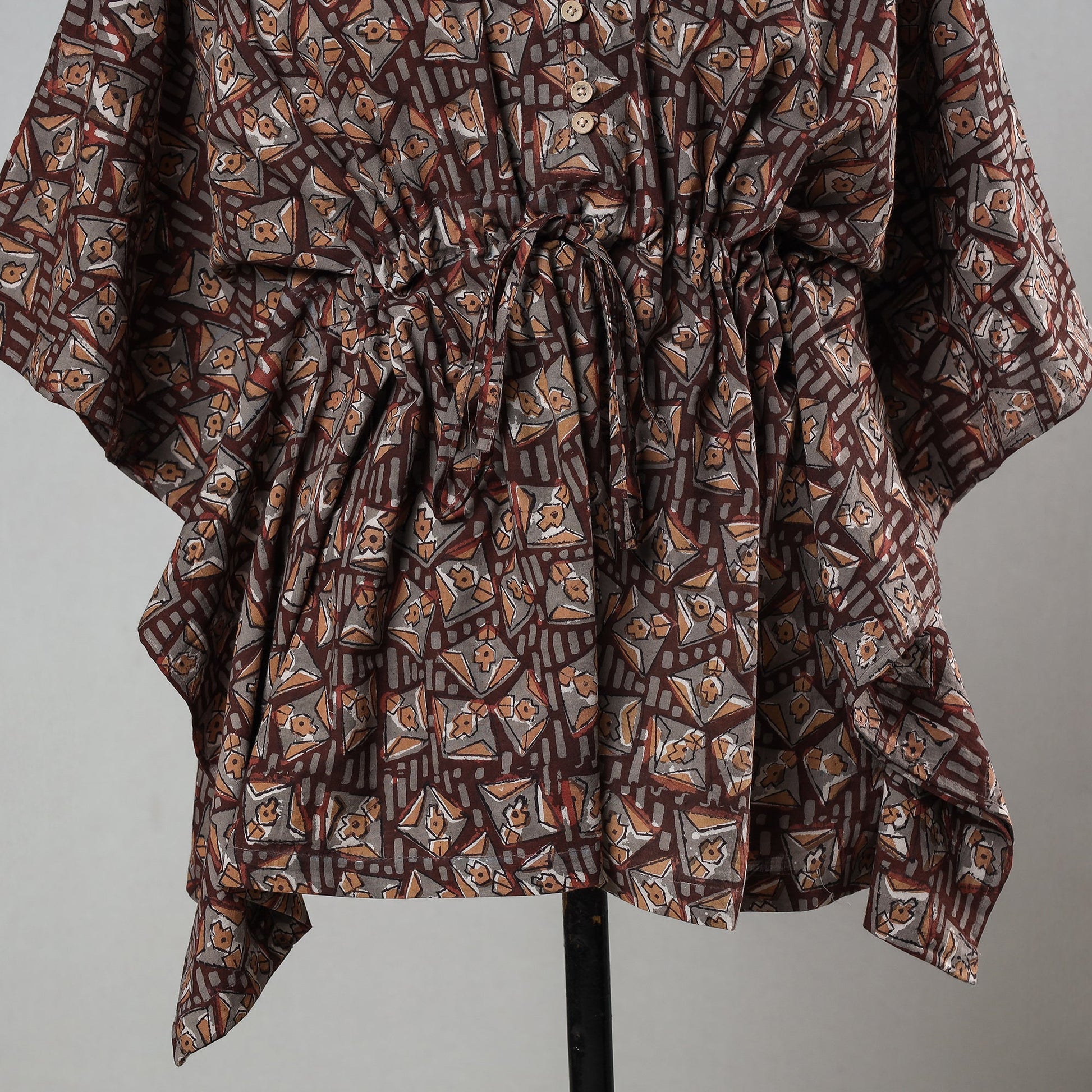 Brown - Bagru Block Printed Cotton Kaftan with Tie-Up Waist (Short)