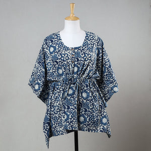 Blue - Bagru Block Printed Cotton Kaftan with Tie-Up Waist (Short)