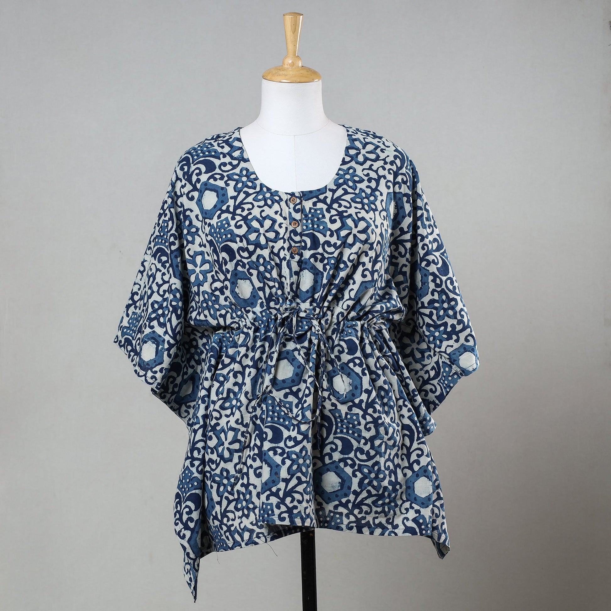 Blue - Bagru Block Printed Cotton Kaftan with Tie-Up Waist (Short)