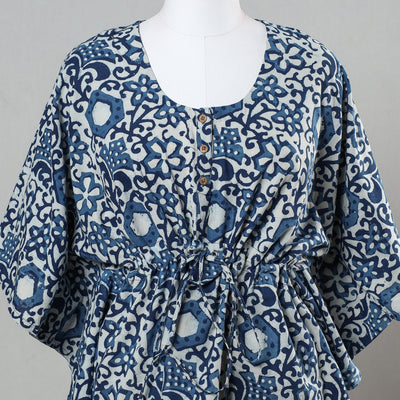 Blue - Bagru Block Printed Cotton Kaftan with Tie-Up Waist (Short)