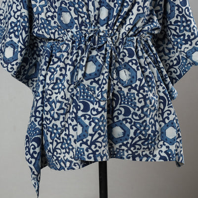 Blue - Bagru Block Printed Cotton Kaftan with Tie-Up Waist (Short)