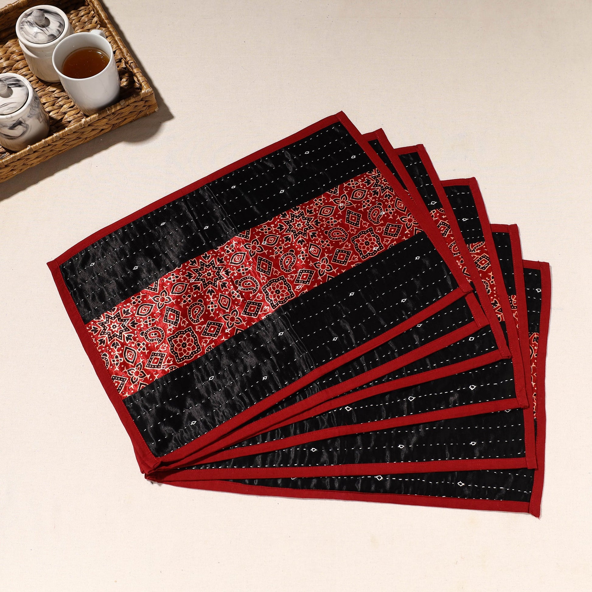 Black - Kutch Tagai Embroidered Mashru Silk Table Mats (SO6) 24