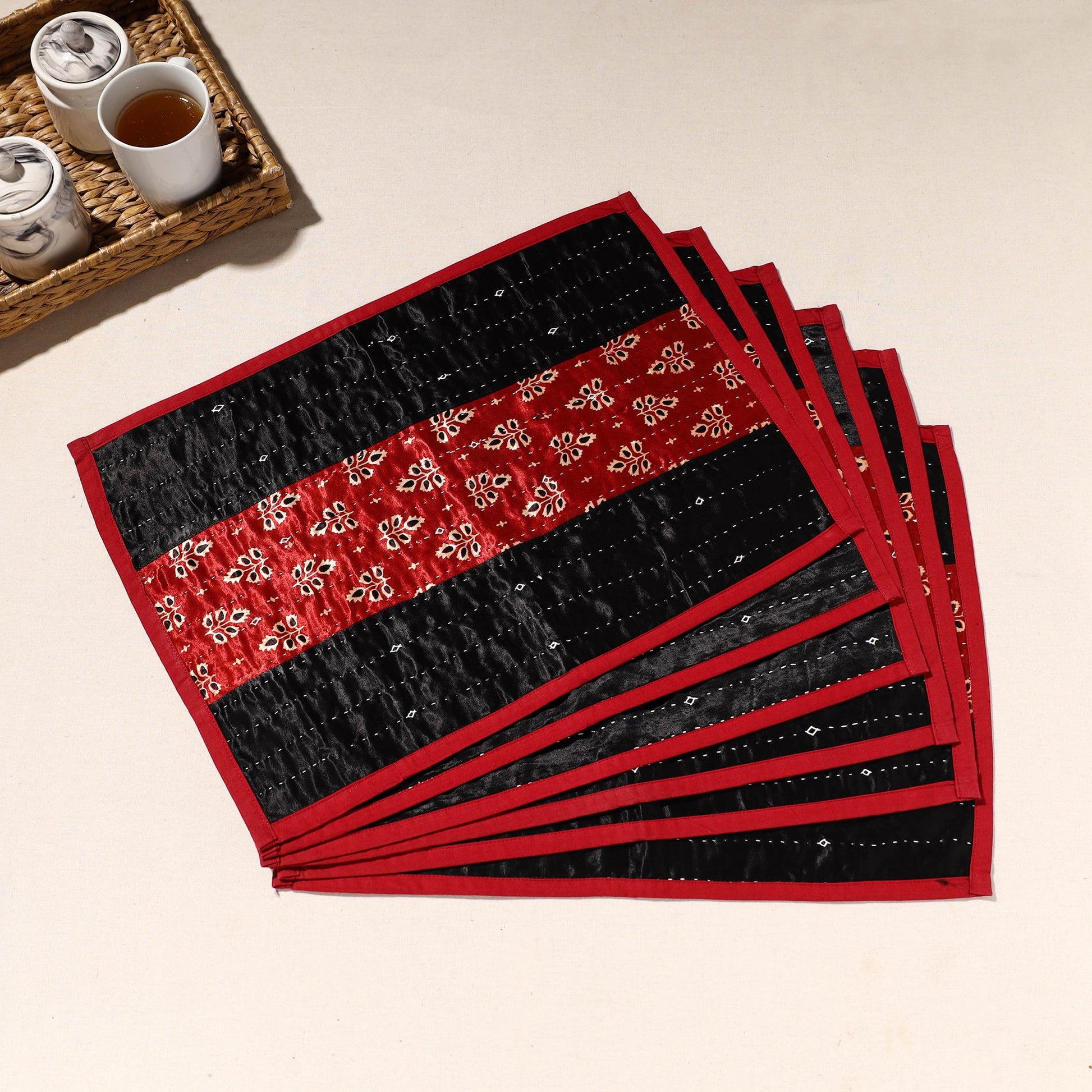Black - Kutch Tagai Embroidered Mashru Silk Table Mats (SO6) 25