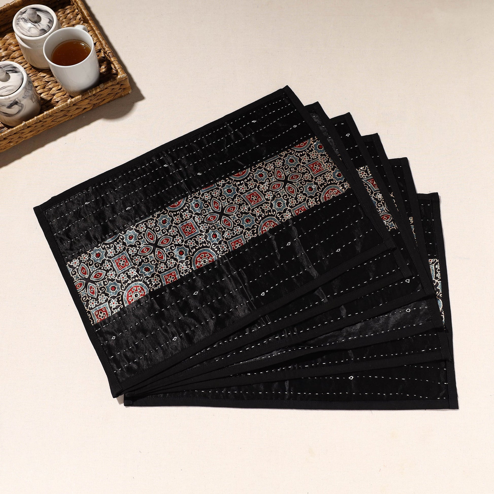 Black - Kutch Tagai Embroidered Mashru Silk Table Mats (SO6) 29