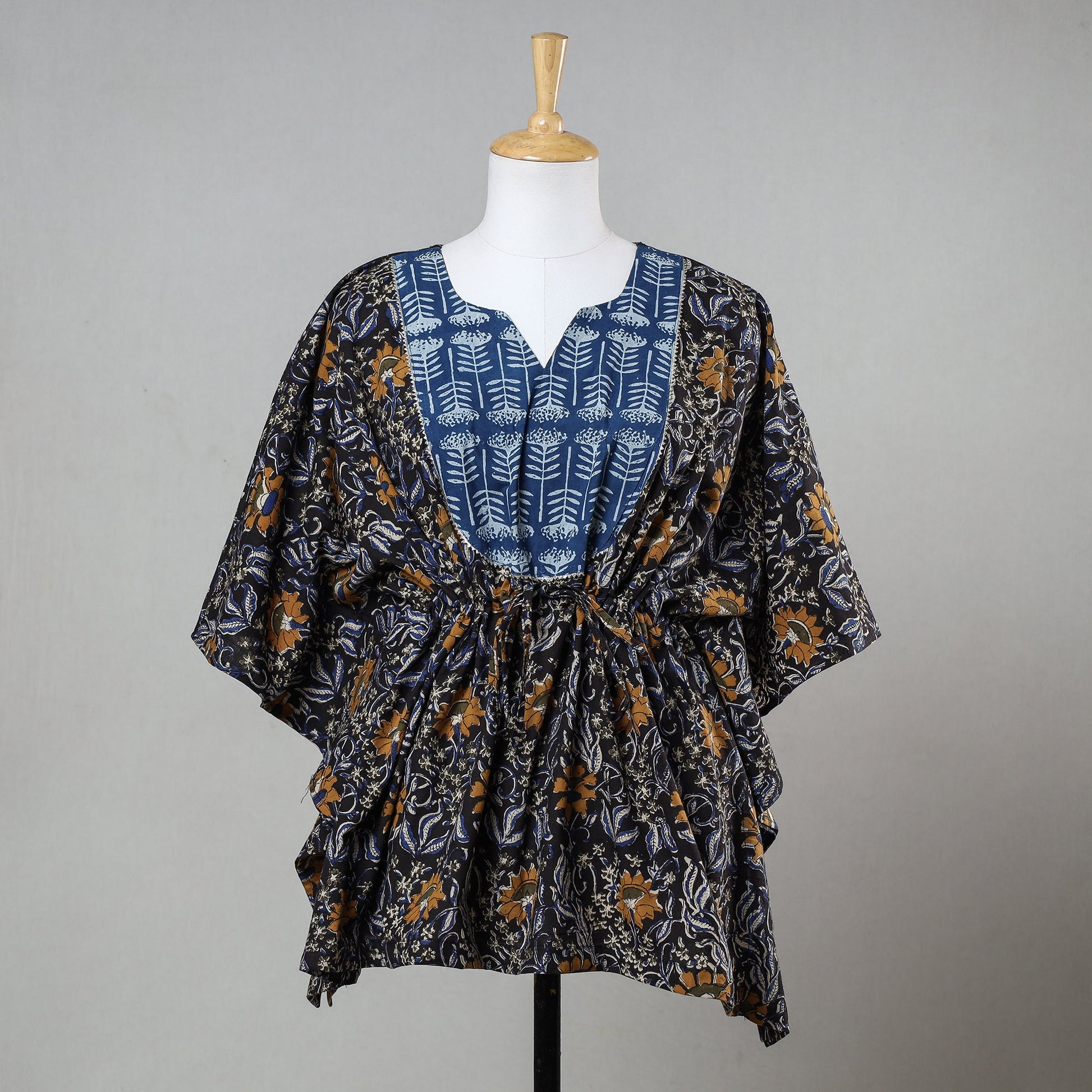 Black - Bagru Block Printed Cotton Kaftan with Tie-Up Waist (Short)