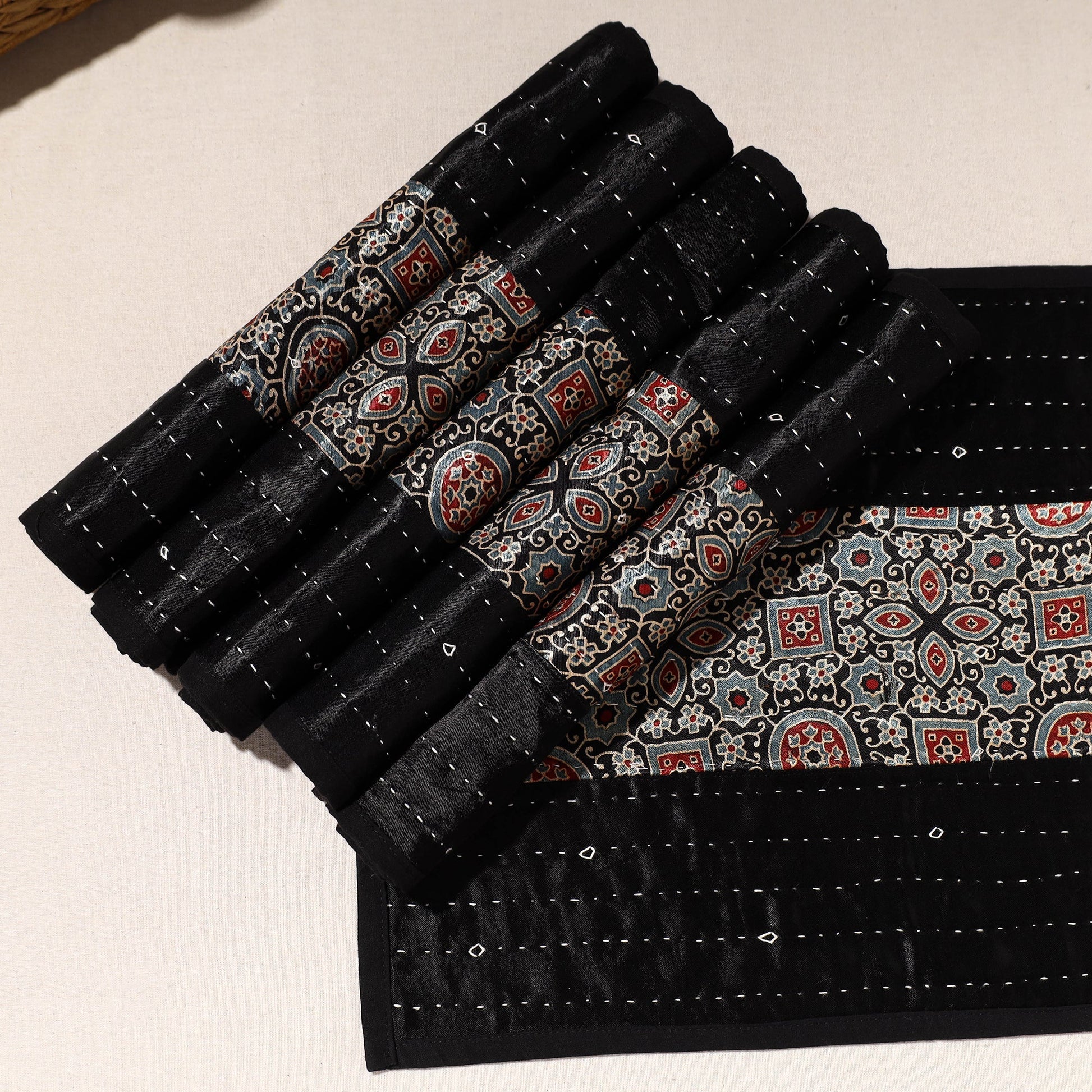 Black - Kutch Tagai Embroidered Mashru Silk Table Mats (SO6) 29