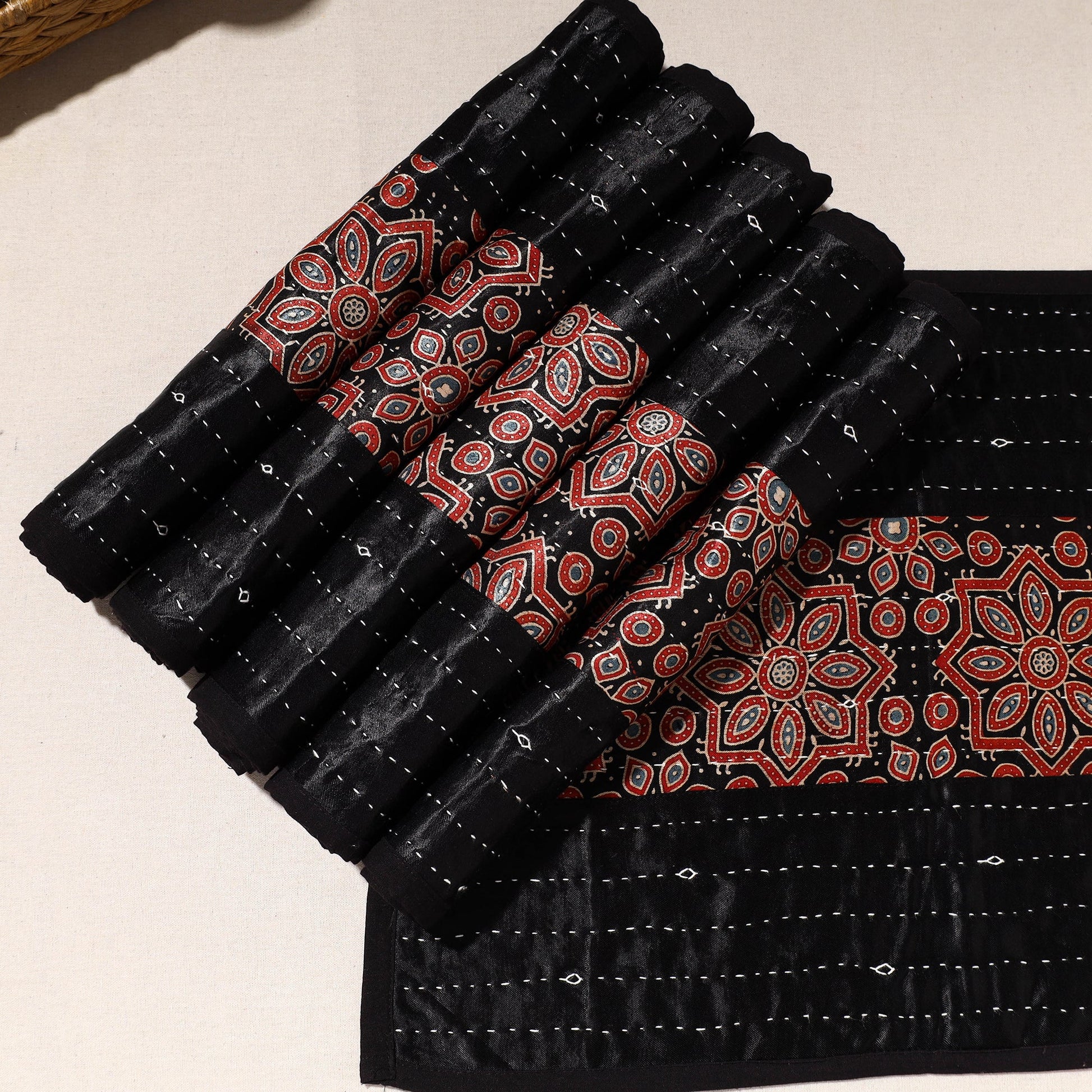 Black - Kutch Tagai Embroidered Mashru Silk Table Mats (SO6) 30