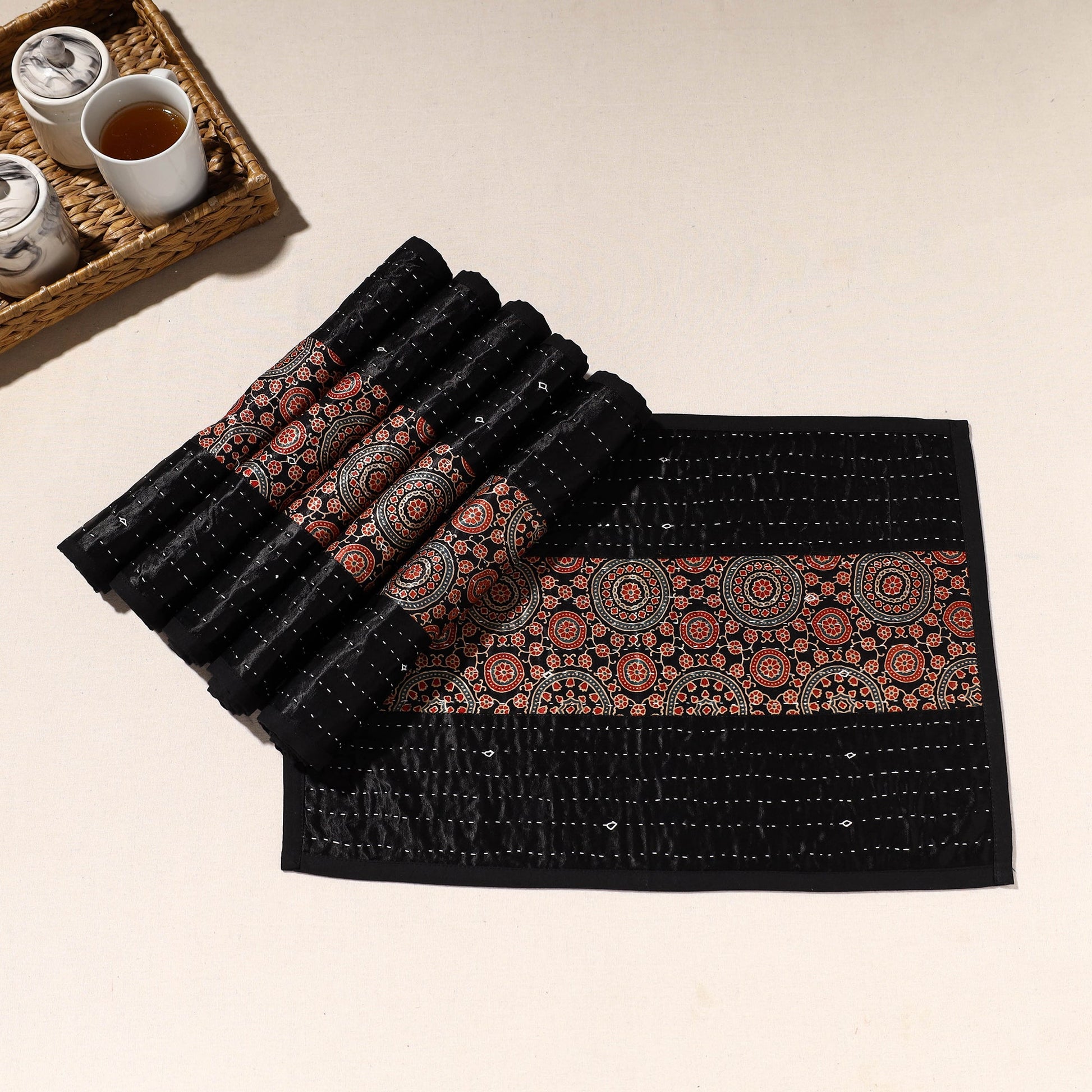 Black - Kutch Tagai Embroidered Mashru Silk Table Mats (SO6) 31