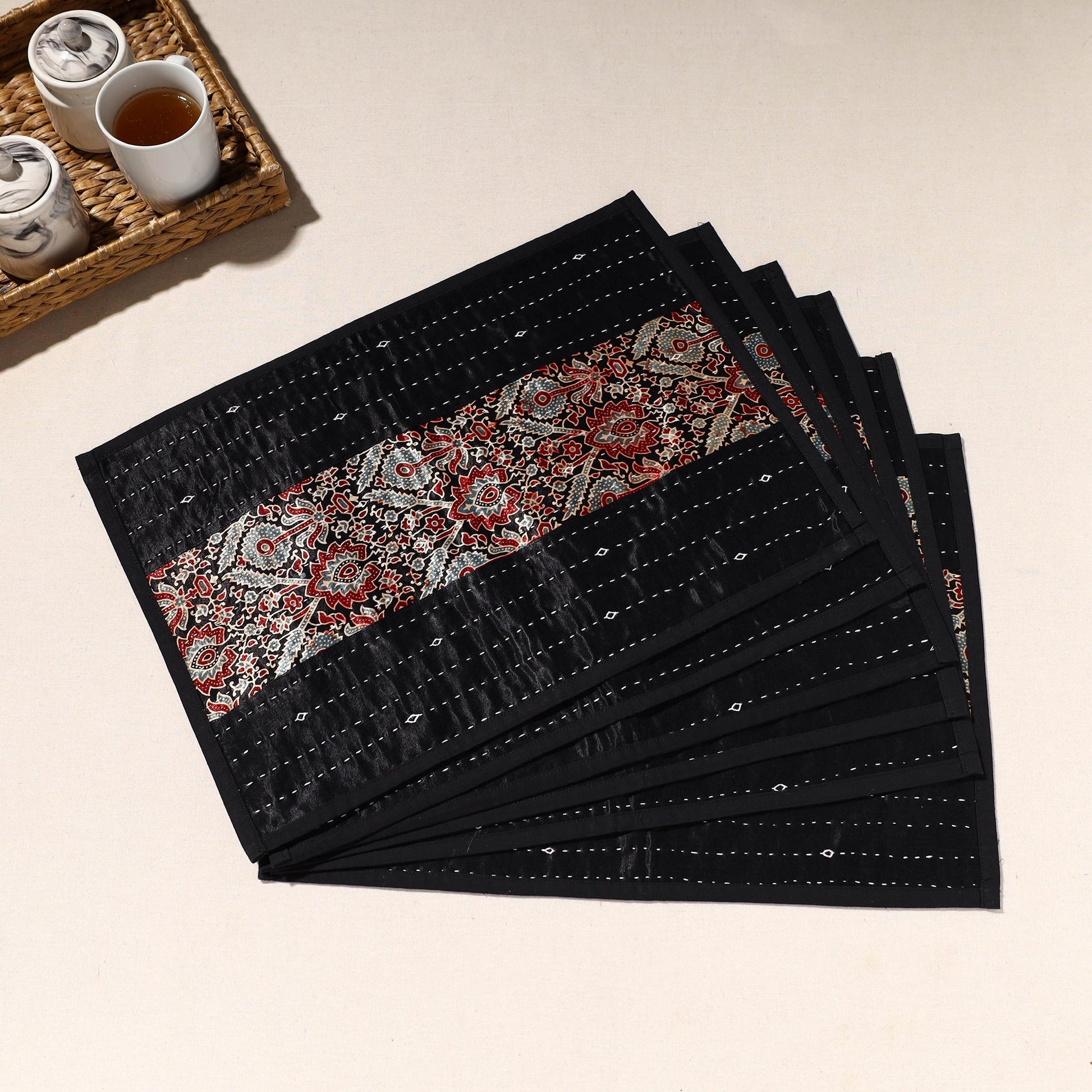 Black - Kutch Tagai Embroidered Mashru Silk Table Mats (SO6) 32