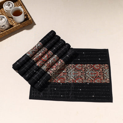 Black - Kutch Tagai Embroidered Mashru Silk Table Mats (SO6) 32