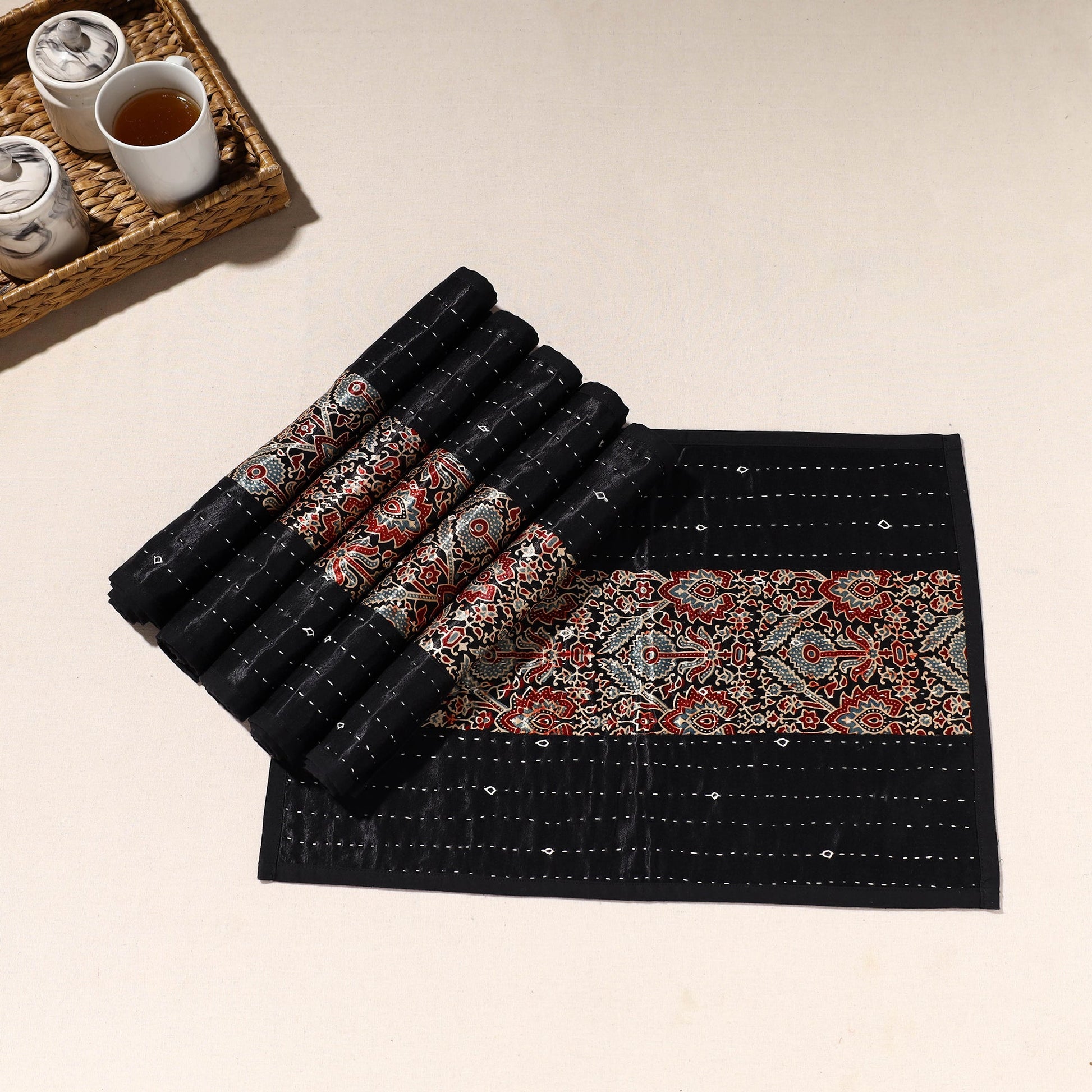 Black - Kutch Tagai Embroidered Mashru Silk Table Mats (SO6) 32