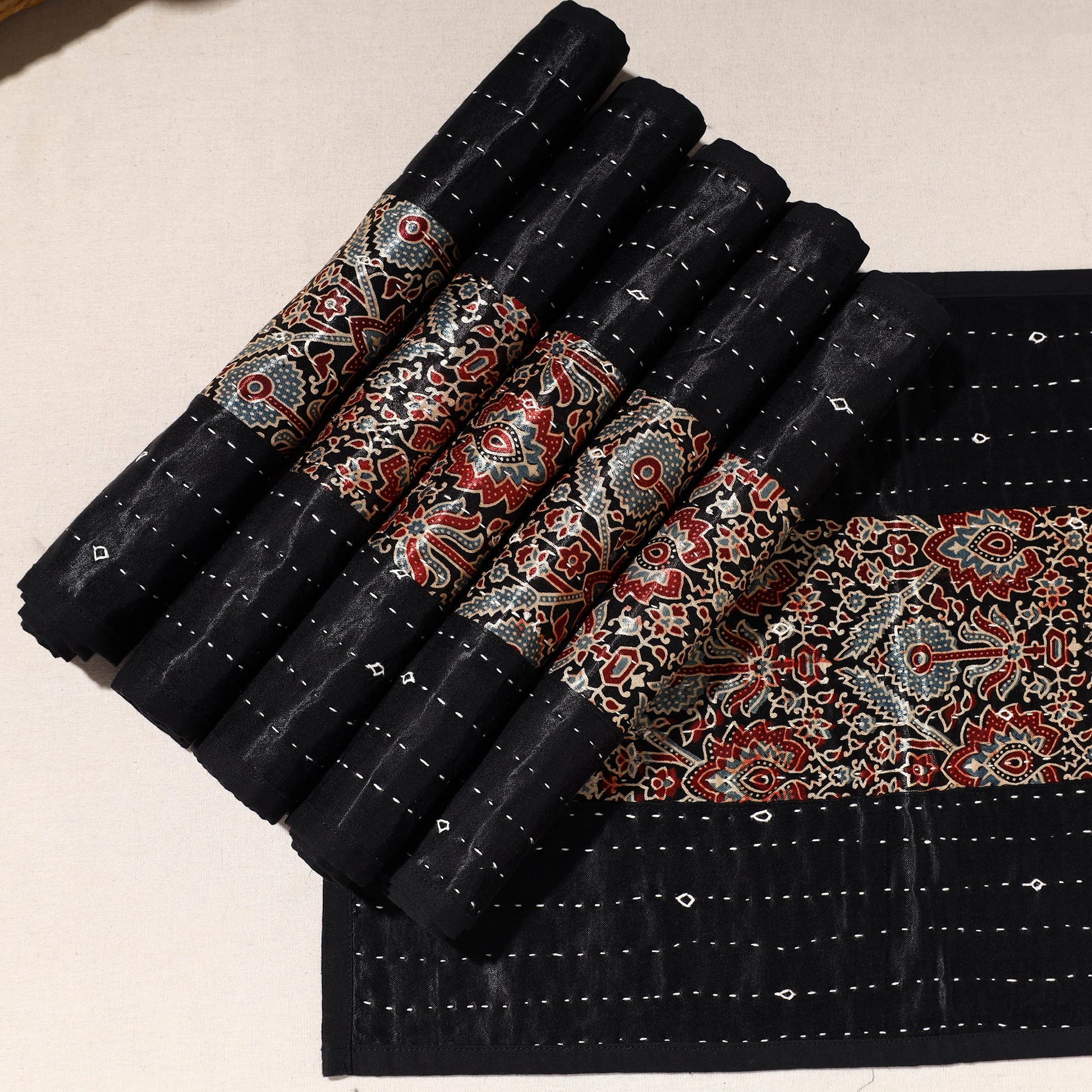 Black - Kutch Tagai Embroidered Mashru Silk Table Mats (SO6) 32