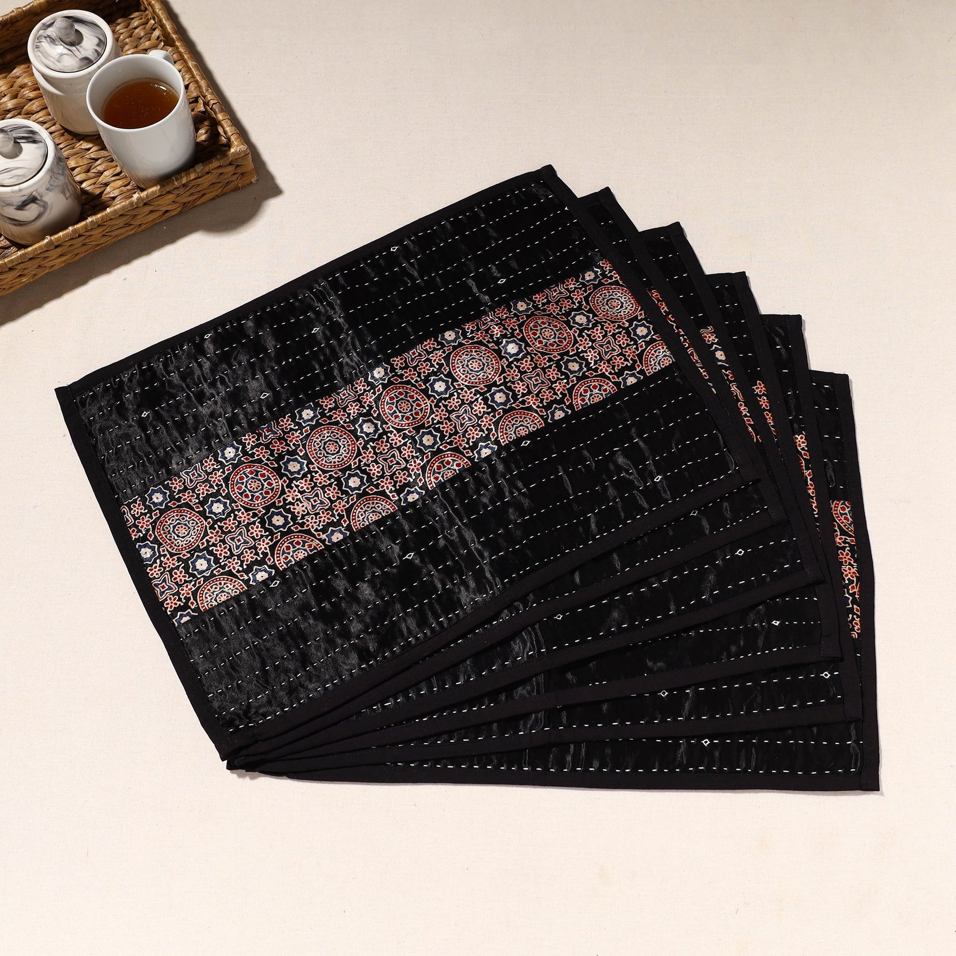 Black - Kutch Tagai Embroidered Mashru Silk Table Mats (SO6) 33