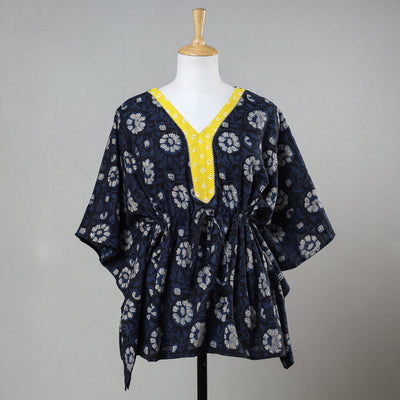 Black - Bagru Block Printed Cotton Kaftan with Tie-Up Waist (Short)