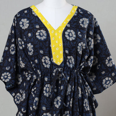 Black - Bagru Block Printed Cotton Kaftan with Tie-Up Waist (Short)
