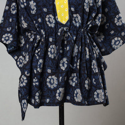 Black - Bagru Block Printed Cotton Kaftan with Tie-Up Waist (Short)