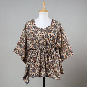 Beige - Bagru Block Printed Cotton Kaftan with Tie-Up Waist (Short)