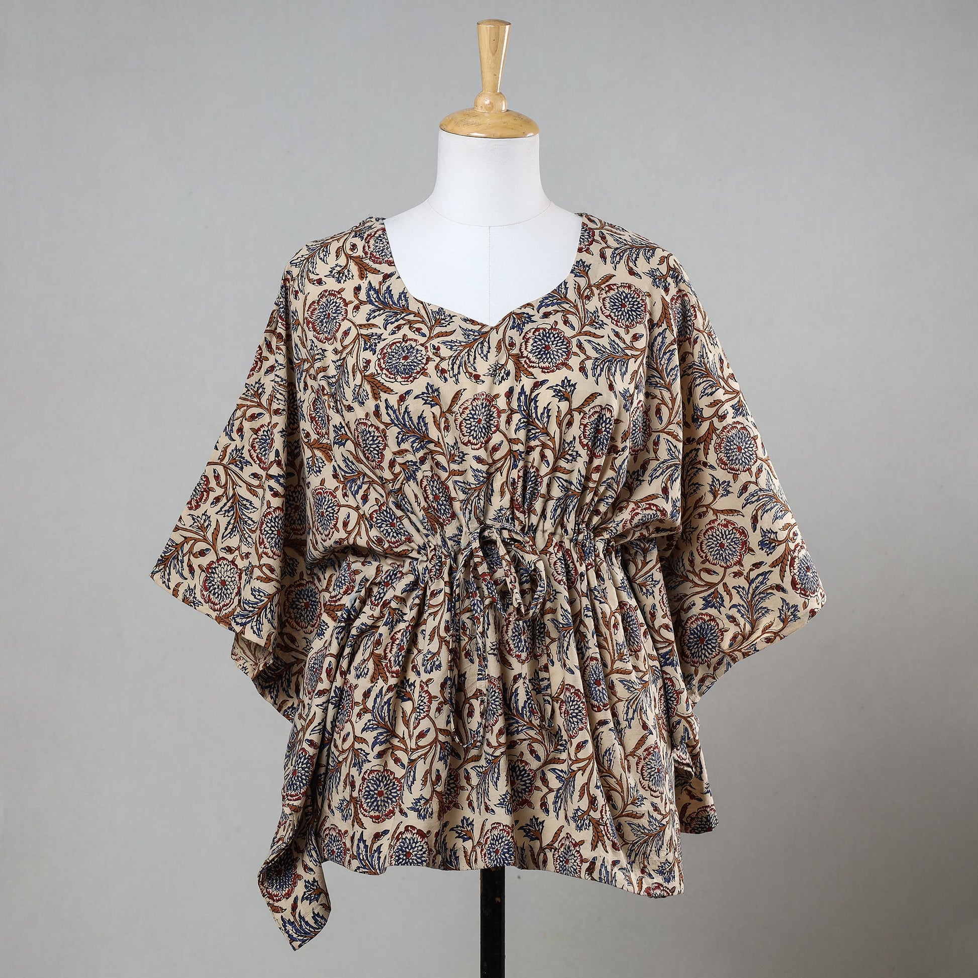 Beige - Bagru Block Printed Cotton Kaftan with Tie-Up Waist (Short)