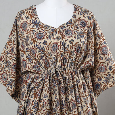 Beige - Bagru Block Printed Cotton Kaftan with Tie-Up Waist (Short)