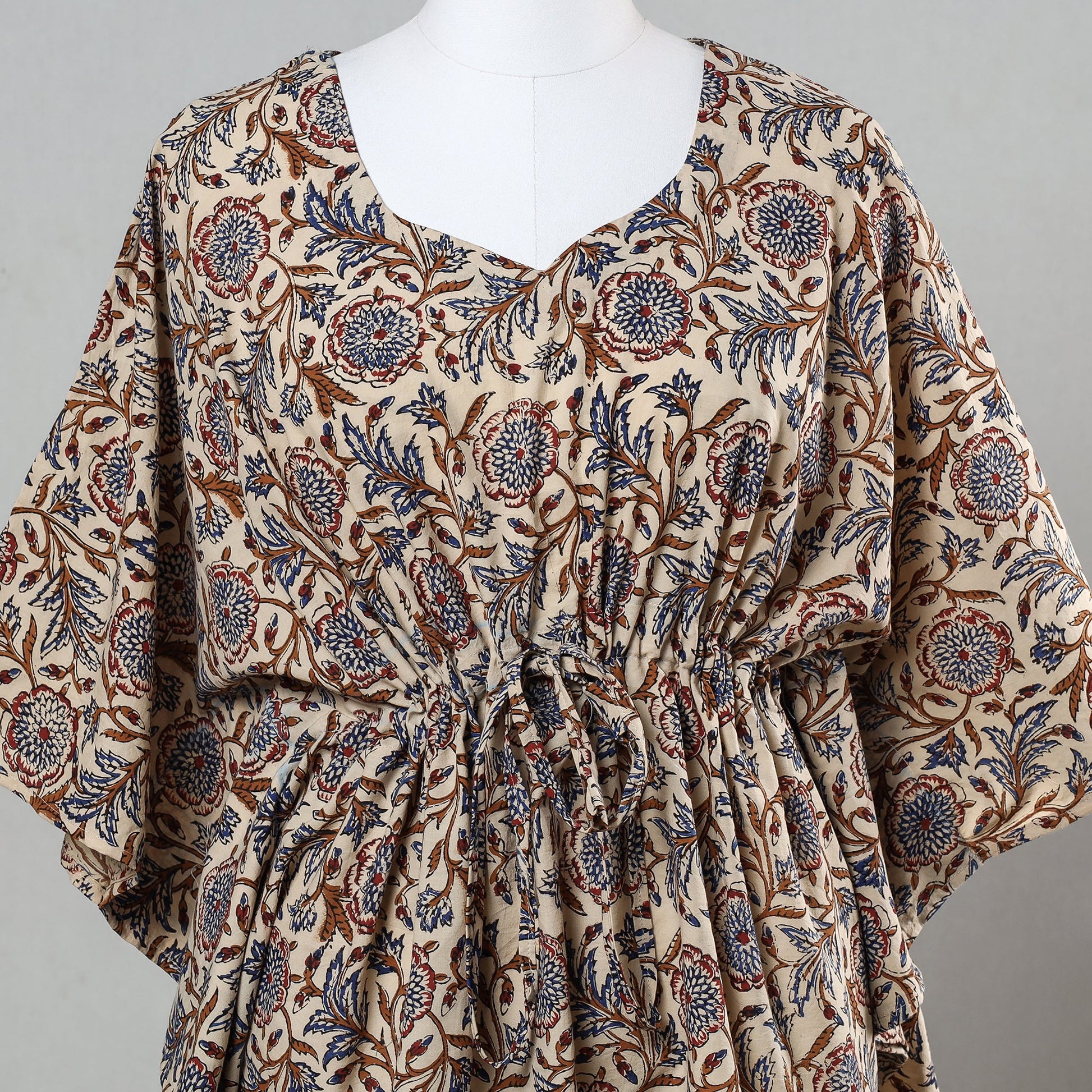 Beige - Bagru Block Printed Cotton Kaftan with Tie-Up Waist (Short)