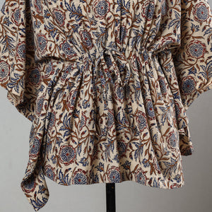 Beige - Bagru Block Printed Cotton Kaftan with Tie-Up Waist (Short)