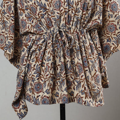 Beige - Bagru Block Printed Cotton Kaftan with Tie-Up Waist (Short)