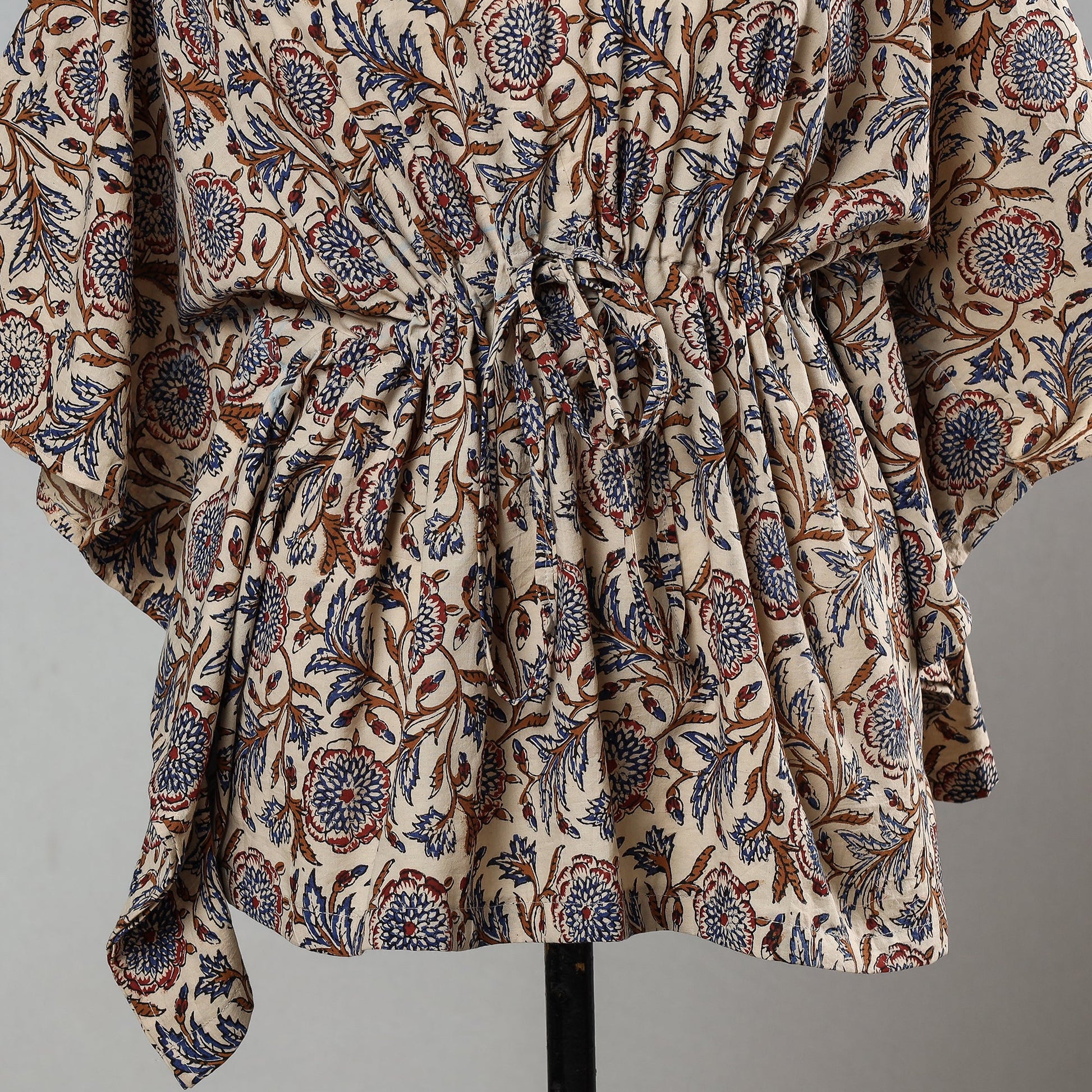 Beige - Bagru Block Printed Cotton Kaftan with Tie-Up Waist (Short)