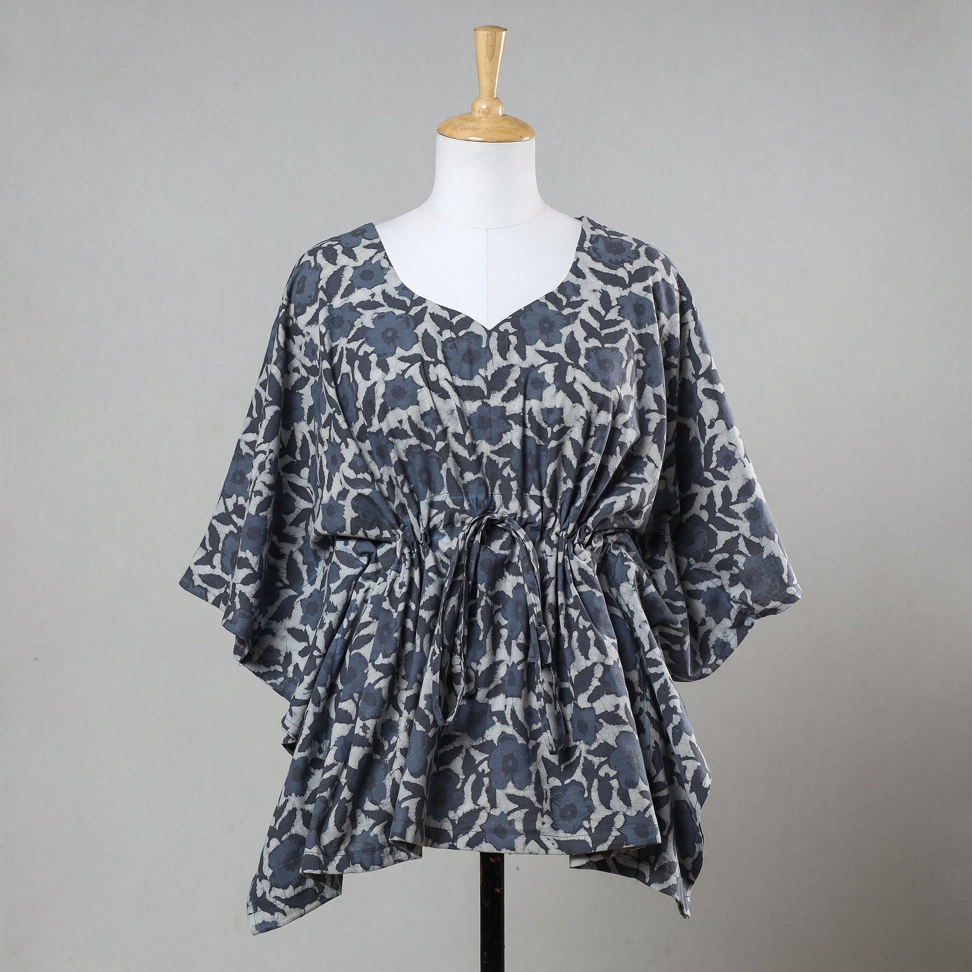 Blue - Bagru Block Printed Cotton Kaftan with Tie-Up Waist (Short)